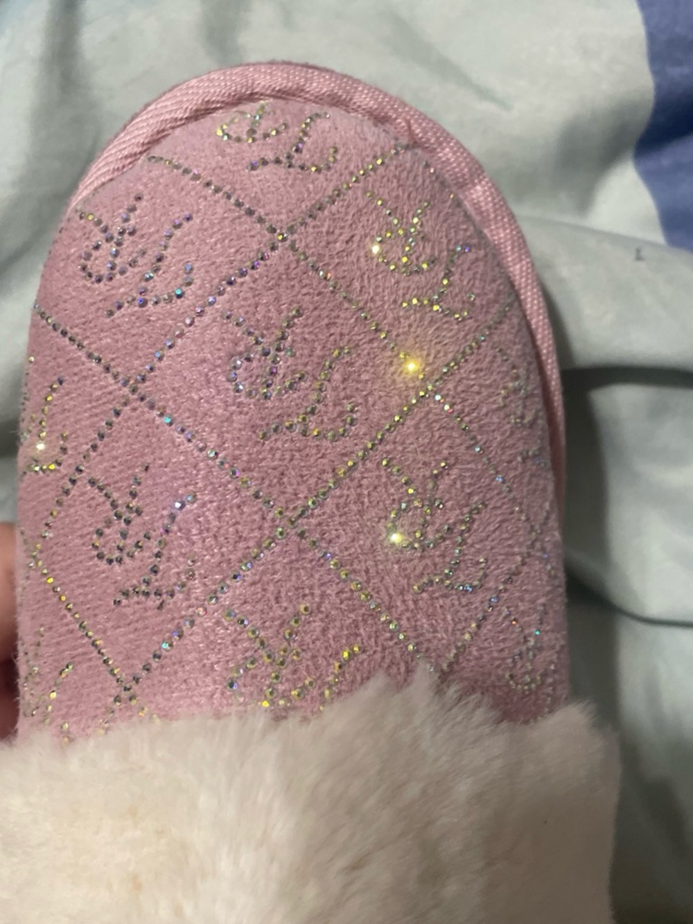 True Religion Pink Quilted Rhinestone Kids Slippers with Faux Fur Cuff - Picture 1 of 6